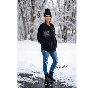 PEACH LOVE CALIFORNIA Black faux Sherpa sequin pocket jacket S M L